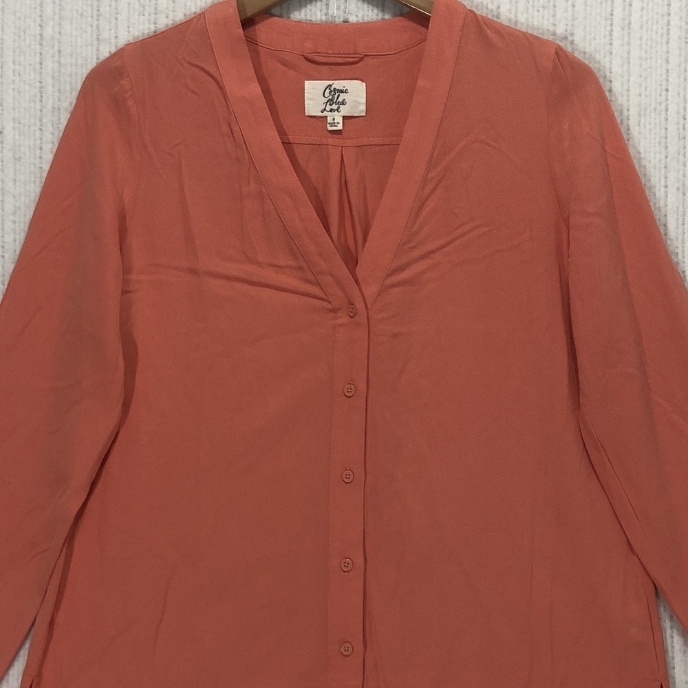 Cosmic Blue Love Women Coral Rayon V-Neck Button Front Blouse Size S